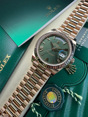 Rolex Day-Date 40 Rose Gold Olive Dial 2021 Full Set