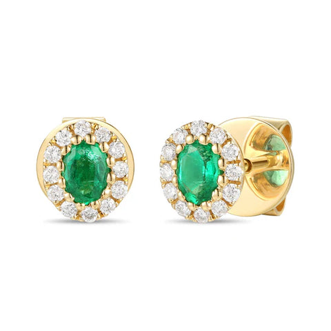 18ct Yellow Gold Oval Cut Emerald and Diamond Stud Earrings