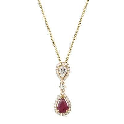 18ct Yellow Gold Ruby and Diamond Double Pear Pendant