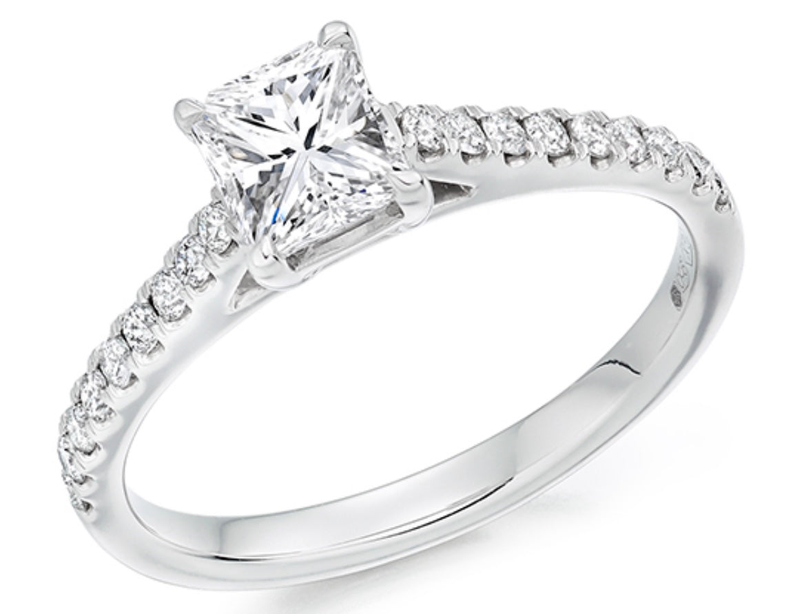 Platinum 0.73ct Radiant Diamond Ring with Diamond Shoulders