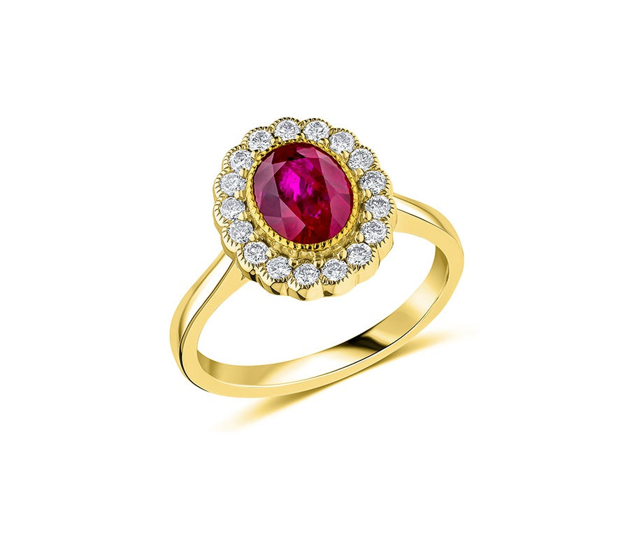 18ct Yellow Gold 1.50cy Ruby and 0.40ct Diamond Cluster Ring