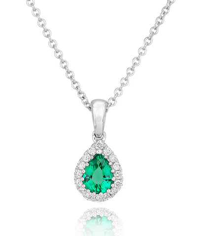 18ct White Gold Pear Cut Emerald and Diamond Pendant