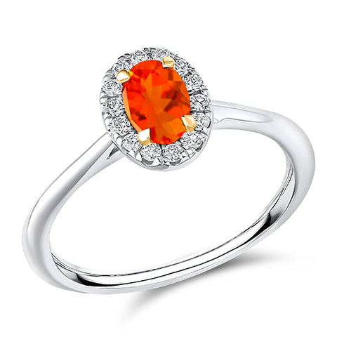 Platinum Oval Cut Fire Opal and Diamond Ring