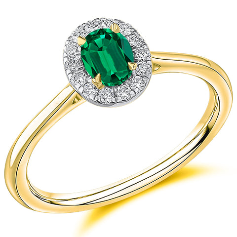 18ct Yellow Gold and Platinum Oval Cut Emerald and Diamond Ring