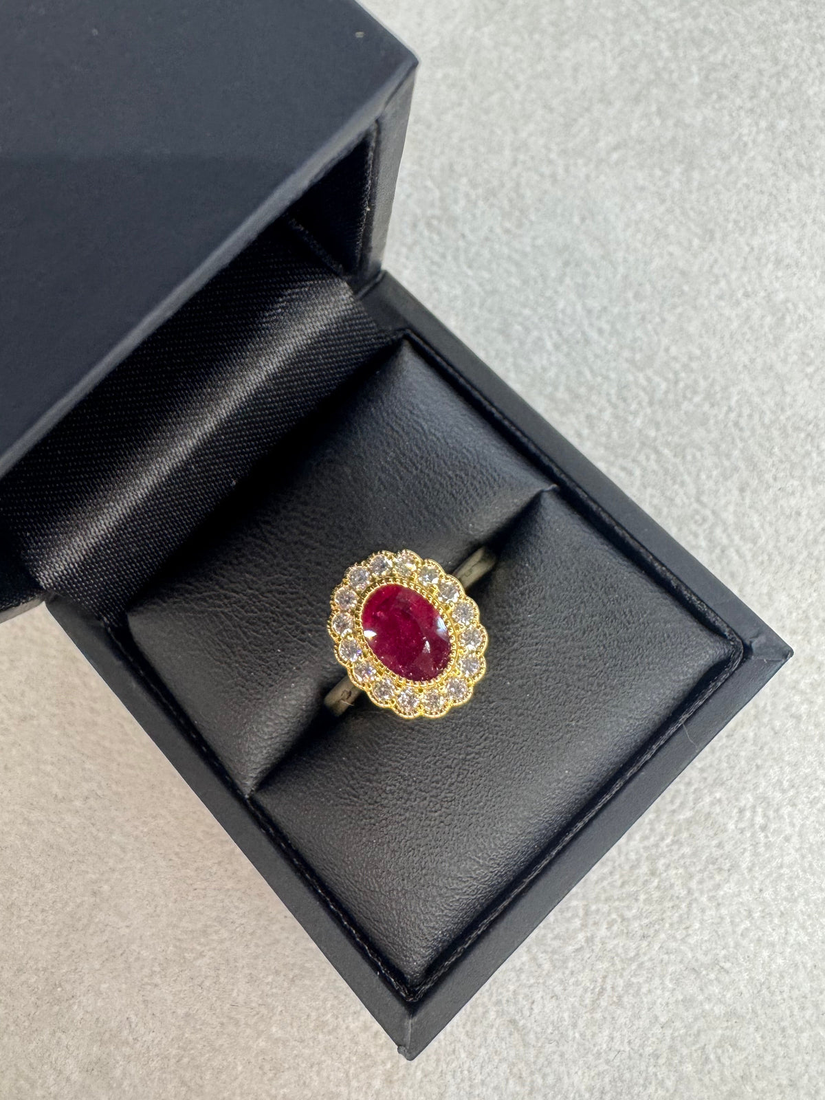 18ct Yellow Gold 1.50ct Ruby and 0.40ct Diamond Cluster Ring