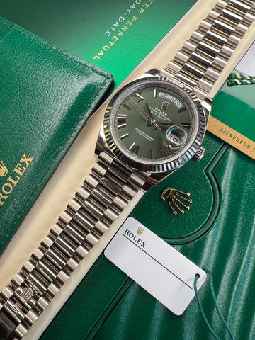 Rolex Day-Date 40 White Gold Olive Dial (2018 Full Set)