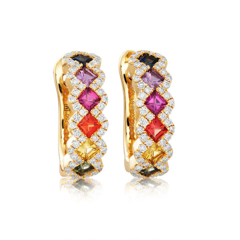 18ct Yellow Gold Multi Sapphire and Diamond Hoop Earrings