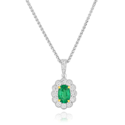 18ct White Gold Oval Cut Emerald and Diamond Pendant