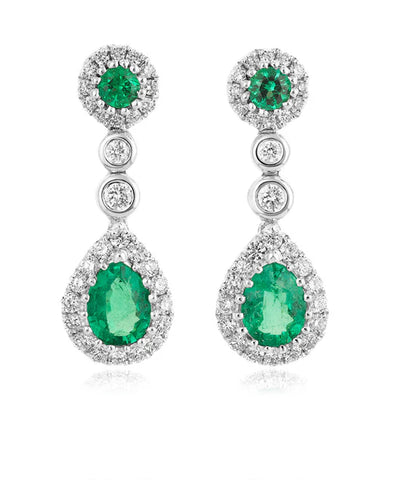 18ct White Gold Pear Cut Emerald and Diamond Drop Earrings