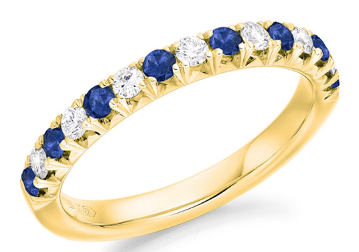 18ct Yellow Gold Diamond And Sapphire Half Eternity Ring