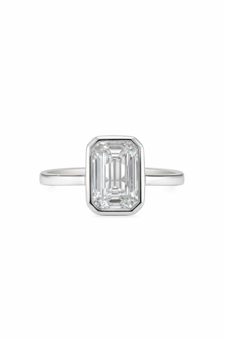 Platinum Emerald Cut 1.58ct Lab Grown Diamond Bezel Set Ring