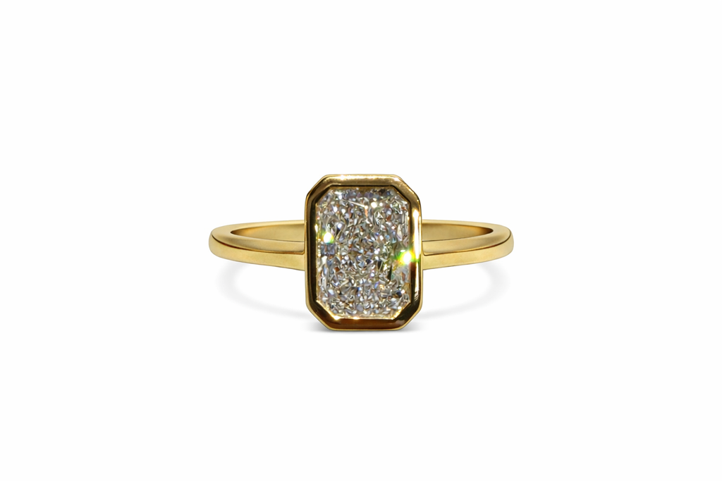 18ct Yellow Gold 1.53ct Radiant Cut Lab Grown Bezel Set Ring