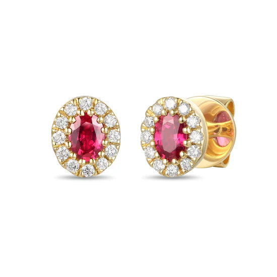 18ct Yellow Gold Oval Ruby Earrings with halo