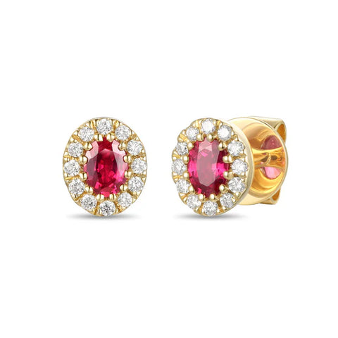 18ct Yellow Gold Oval Ruby Earrings with halo