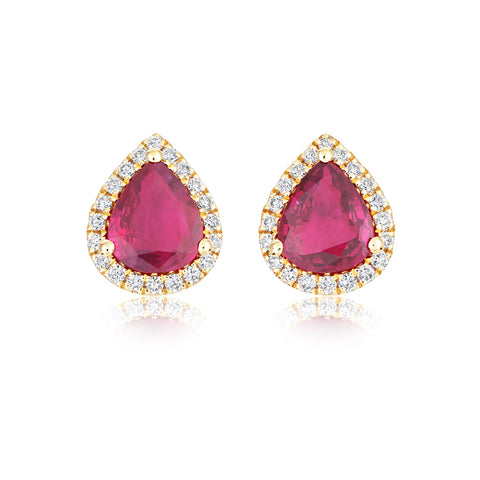 18ct Yellow Gold Pear Ruby Earrings with Halo