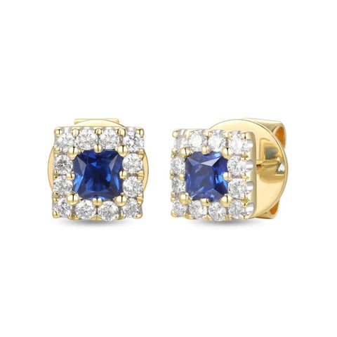 18ct Yellow Gold Sapphire Stud with Diamond Halo