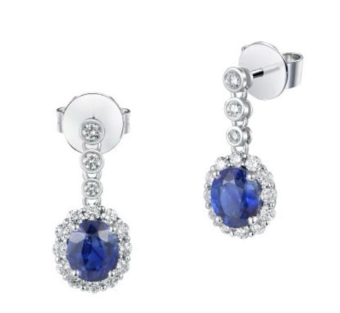 18ct White Gold Oval Sapphire and Diamond Drop Earrings