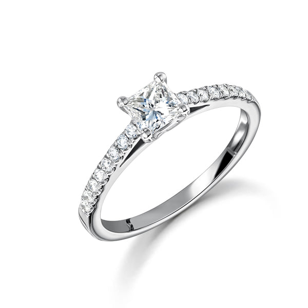 Platinum Princess Cut Diamond Ring with Diamond Shoulders