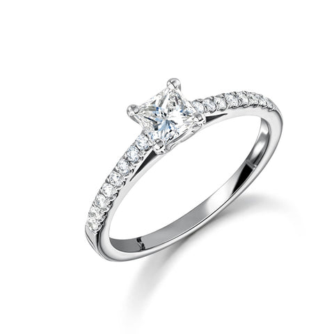 Platinum Princess Cut Diamond Ring with Diamond Shoulders