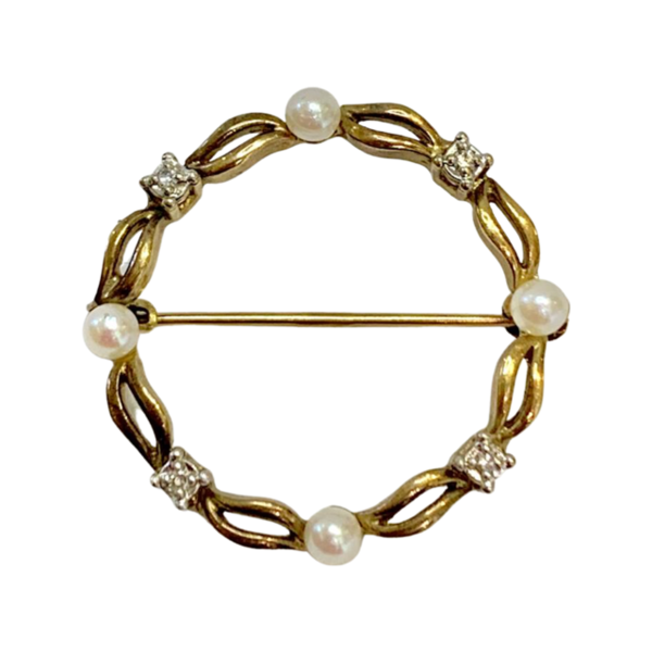 9ct Yellow Gold Pearl & Diamond Brooch