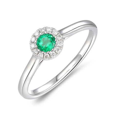 Emerald and Diamond Halo Platinum Ring