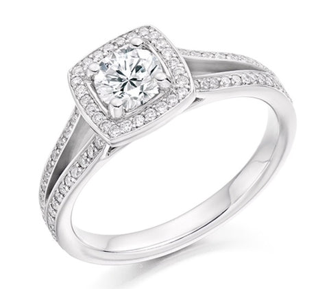 18ct White gold Diamond Ring with Diamond Halo & Shoulders